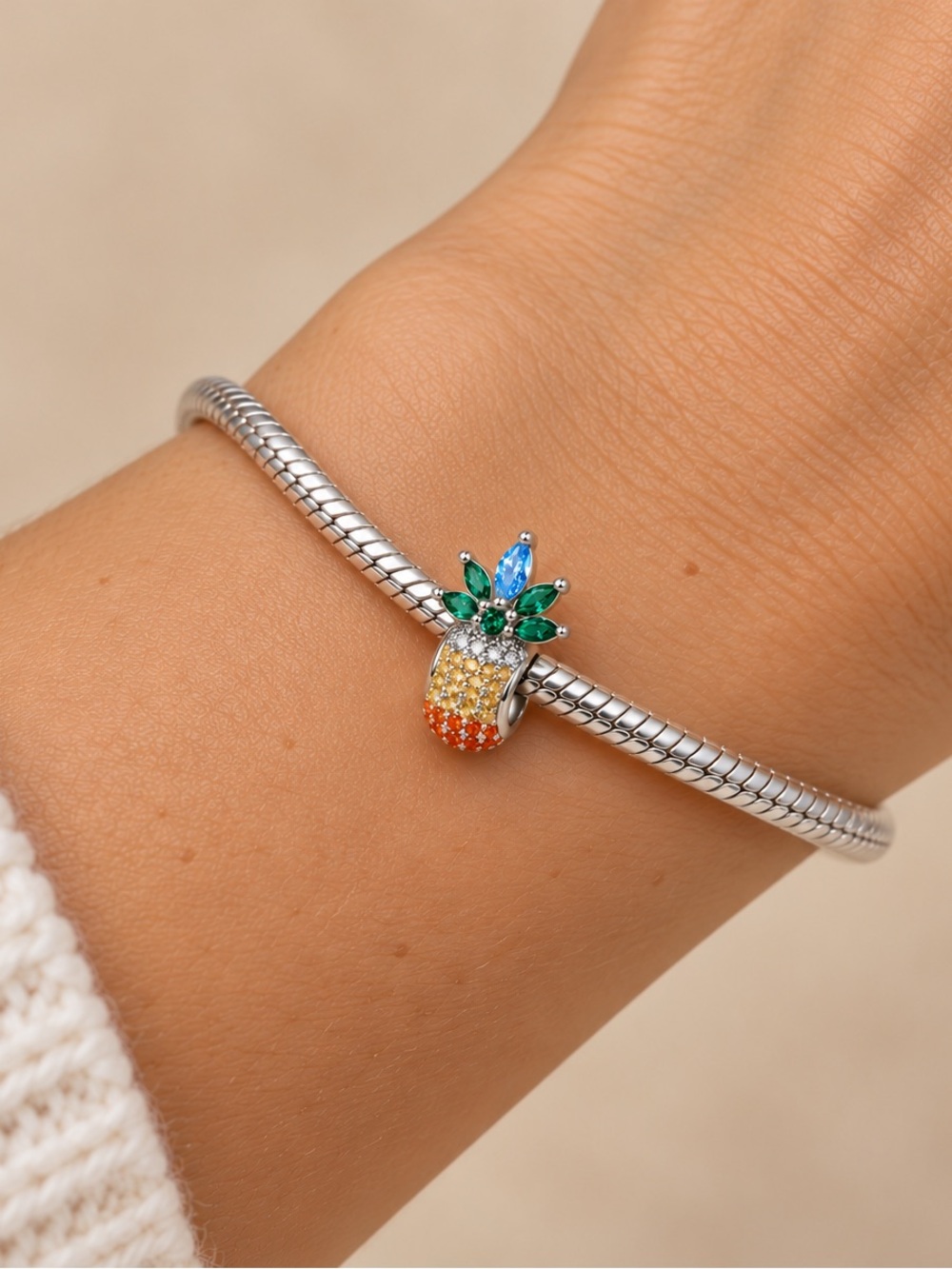 Sterling Silver Pineapple Charm Bracelet with Multicolor Stones
